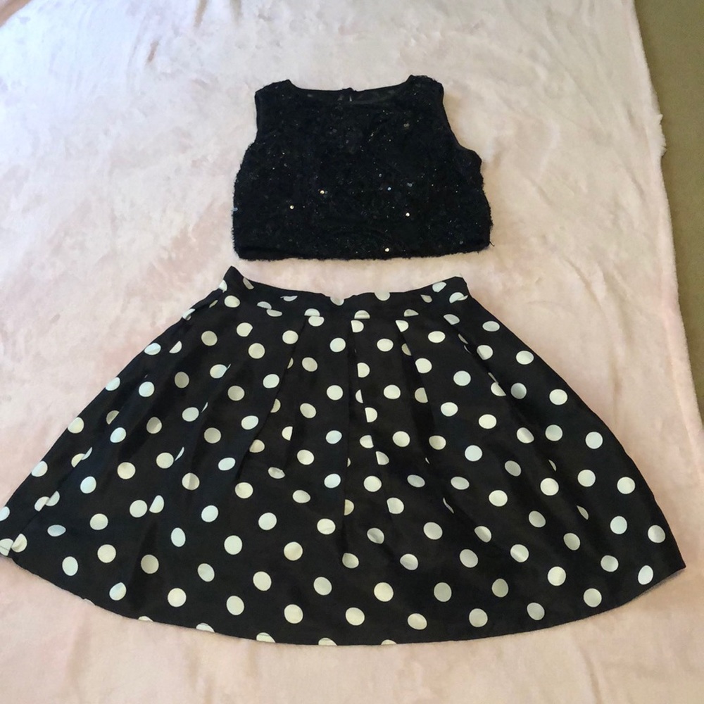 black and white polka dot 2 piece homecoming dress